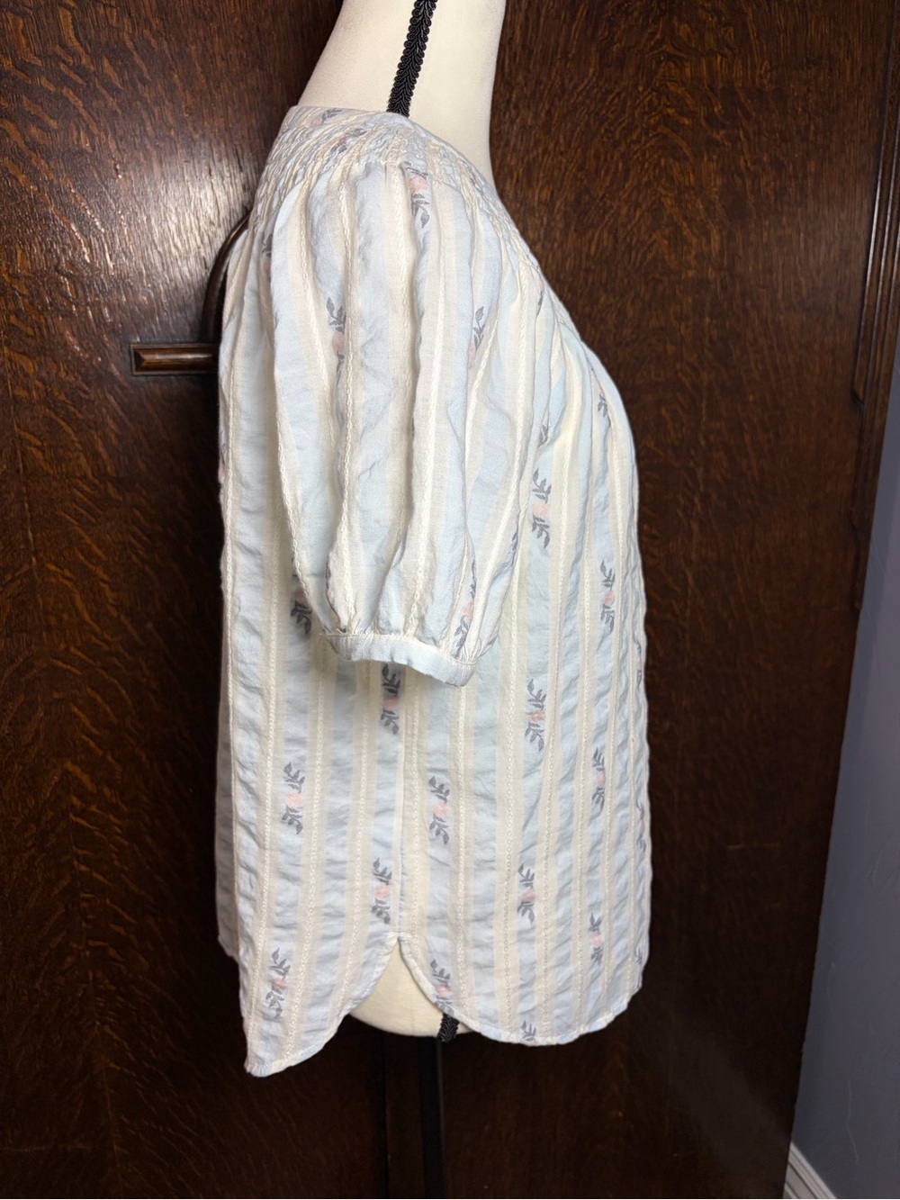 Loft Light Blue Striped Puff-Sleeve Women's Button 100% Cotton Top - Picture 4 of 8